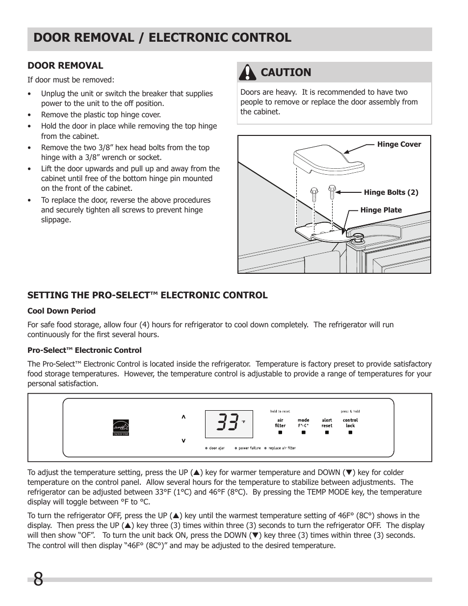 Door removal / electronic control, Caution | FRIGIDAIRE 297298700 User Manual | Page 8 / 20