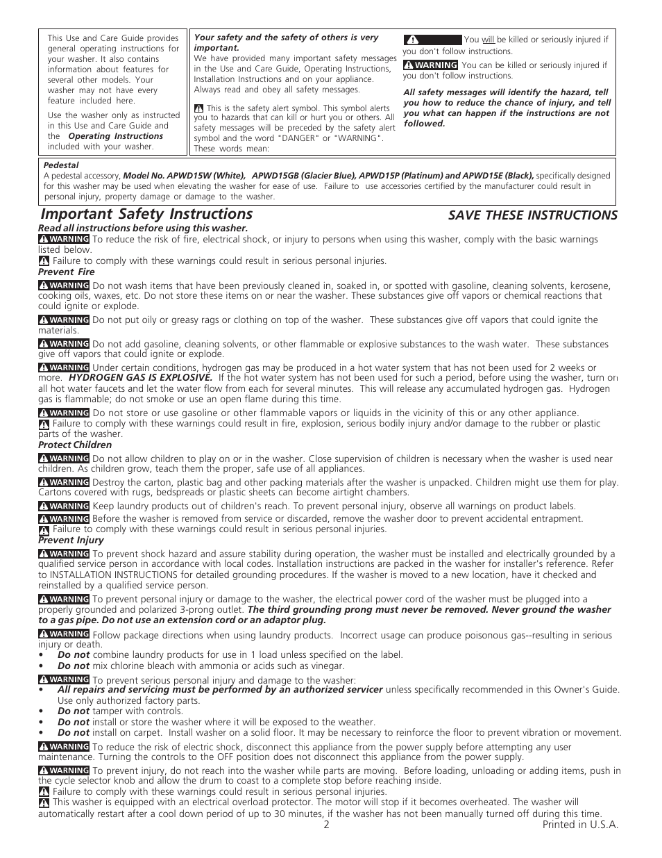 Important safety instructions, Save these instructions | FRIGIDAIRE 134761500 User Manual | Page 2 / 9