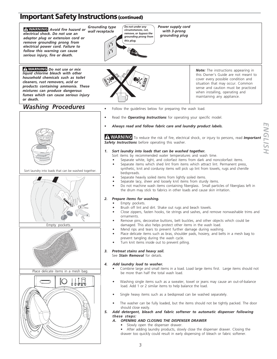 English, Important safety instructions, Washing procedures | FRIGIDAIRE 134761500 User Manual | Page 3 / 9
