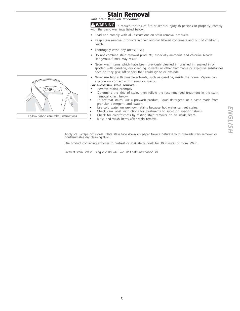 English, Stain removal | FRIGIDAIRE 134761500 User Manual | Page 5 / 9