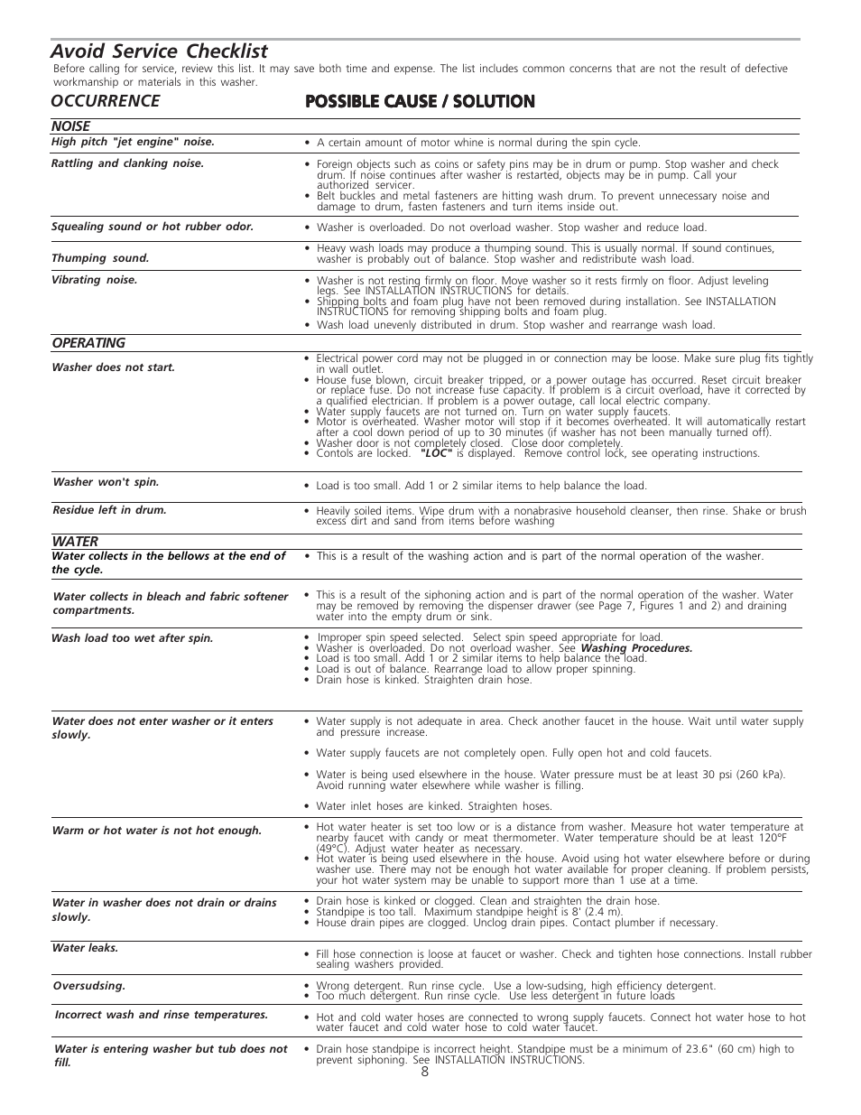 Avoid service checklist, Possible cause / solution, Possible cause / solution occurrence | FRIGIDAIRE 134761500 User Manual | Page 8 / 9