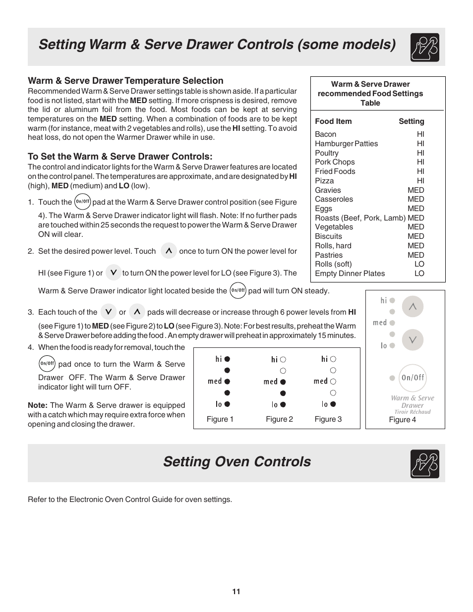 Setting warm & serve drawer controls (some models), Setting oven controls | FRIGIDAIRE 318203863 User Manual | Page 11 / 22