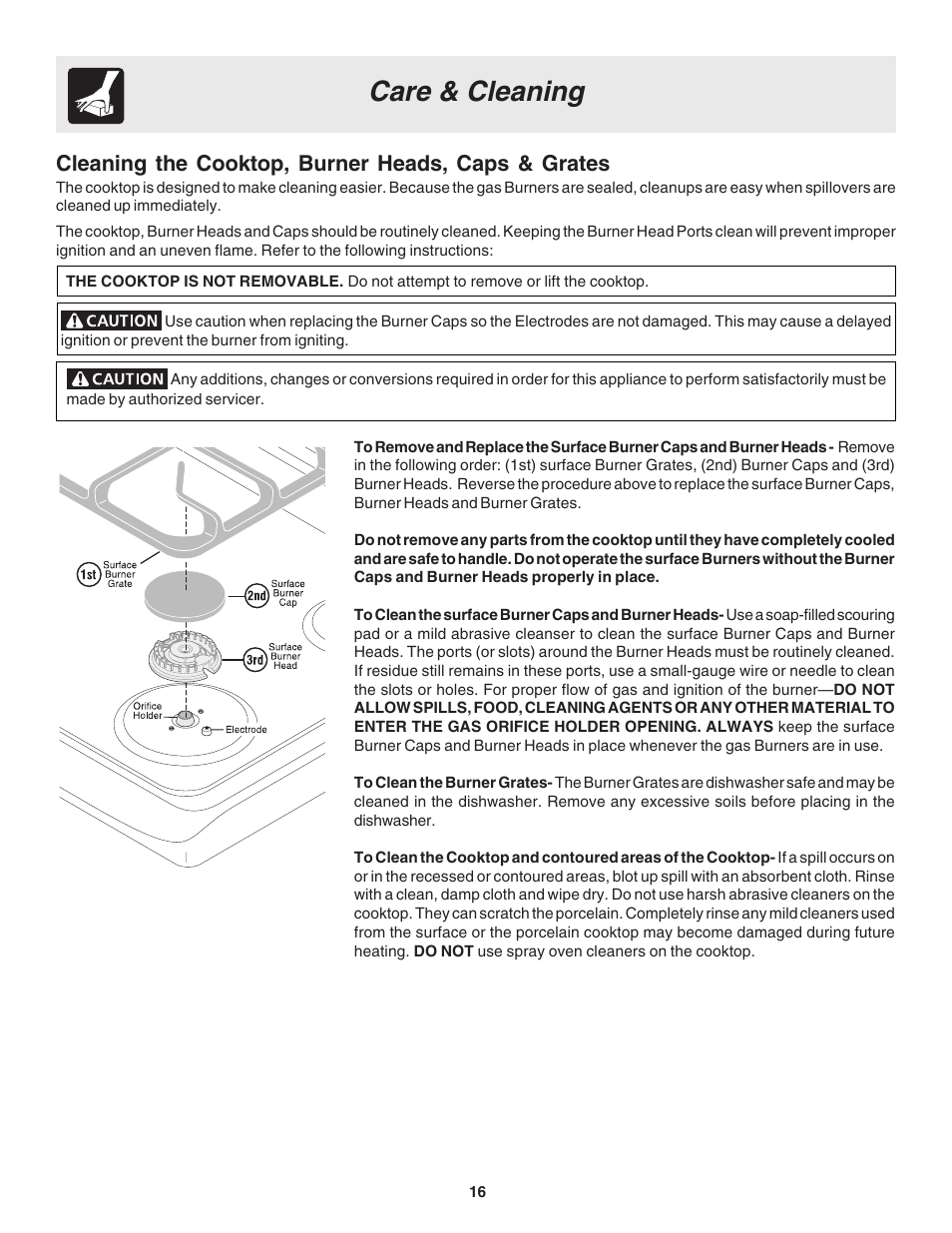 Care & cleaning, Cleaning the cooktop, burner heads, caps & grates | FRIGIDAIRE 318203863 User Manual | Page 16 / 22