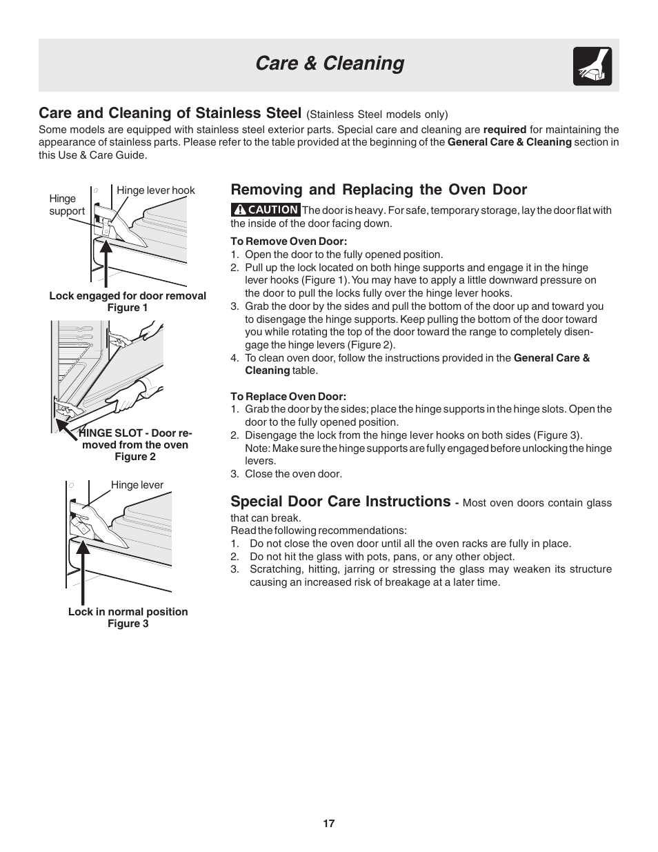 Care & cleaning, Care and cleaning of stainless steel, Removing and replacing the oven door | Special door care instructions | FRIGIDAIRE 318203863 User Manual | Page 17 / 22