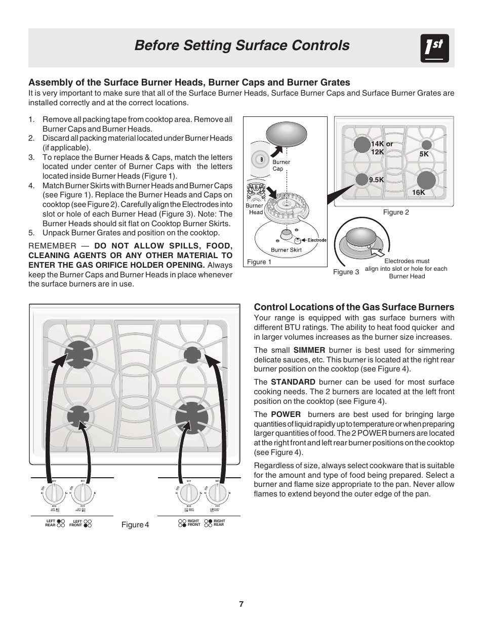 Before setting surface controls, Control locations of the gas surface burners | FRIGIDAIRE 318203863 User Manual | Page 7 / 22