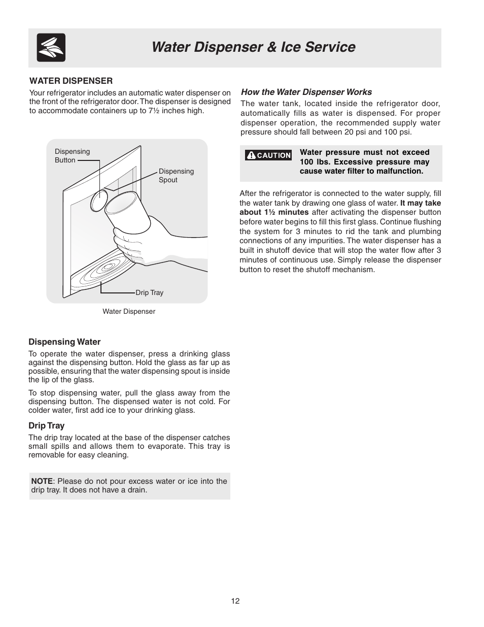 Water dispenser & ice service | FRIGIDAIRE 241567601 User Manual | Page 12 / 20