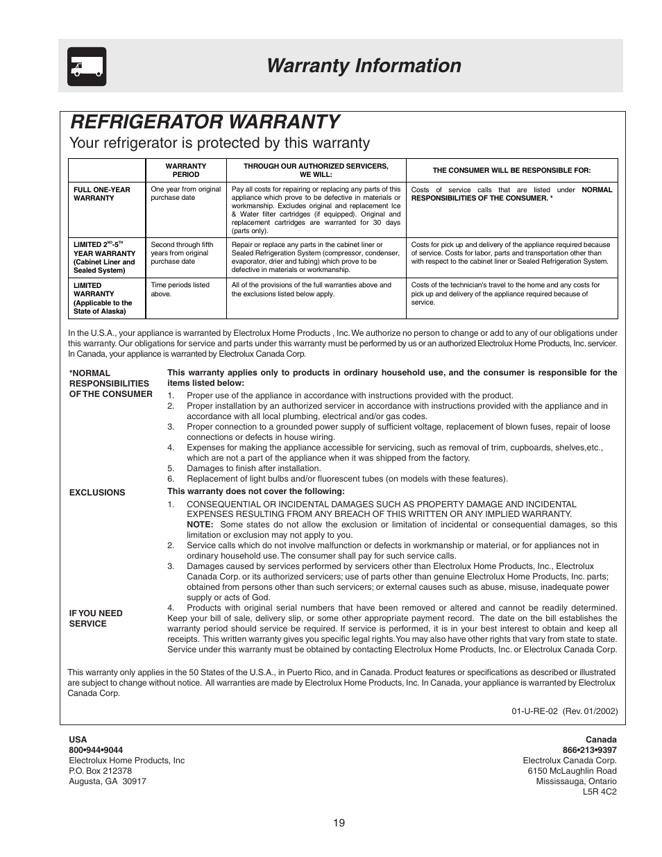 Warranty information refrigerator warranty, Your refrigerator is protected by this warranty | FRIGIDAIRE 241567601 User Manual | Page 19 / 20