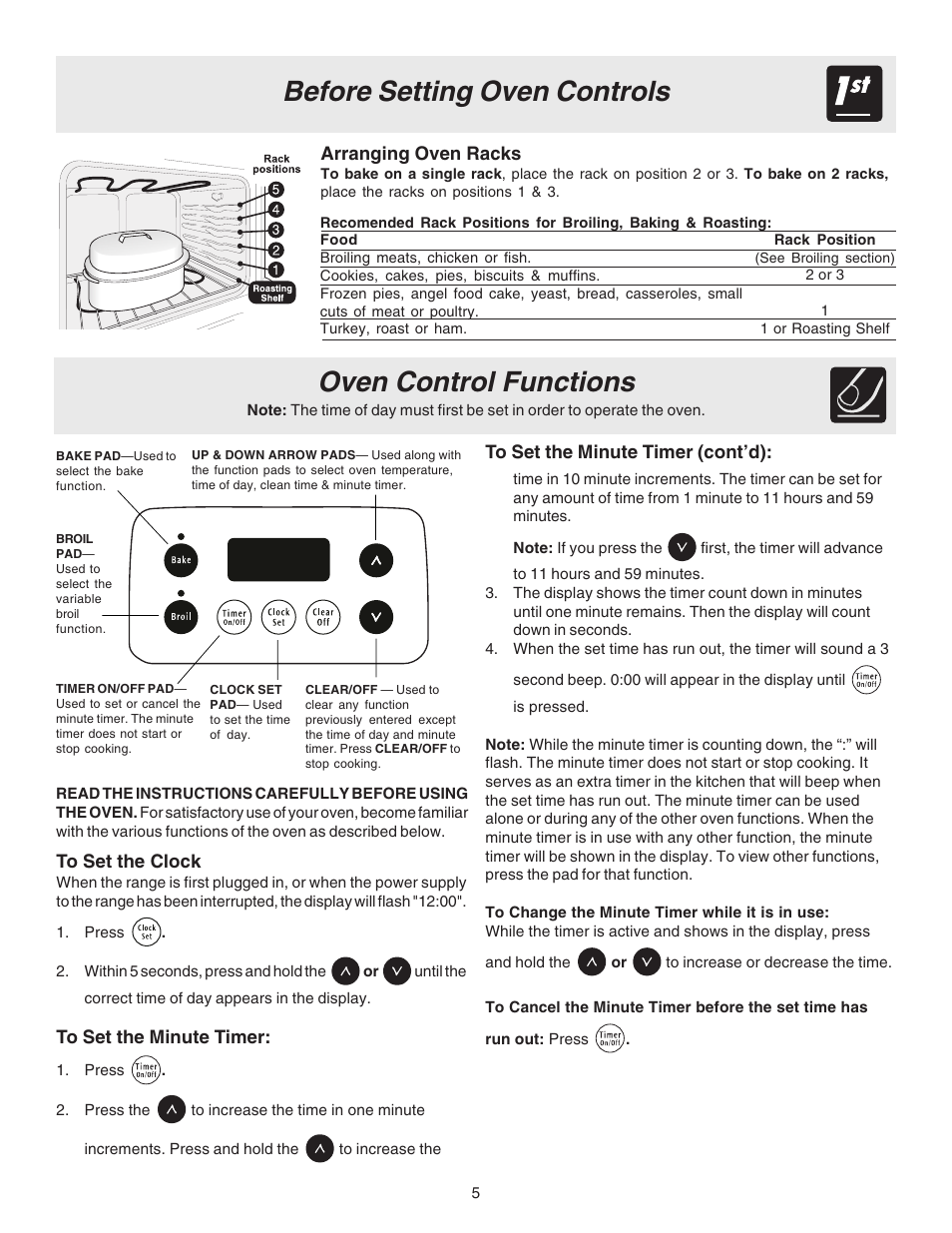 Before setting oven controls, Oven control functions | FRIGIDAIRE 316417024 User Manual | Page 5 / 12