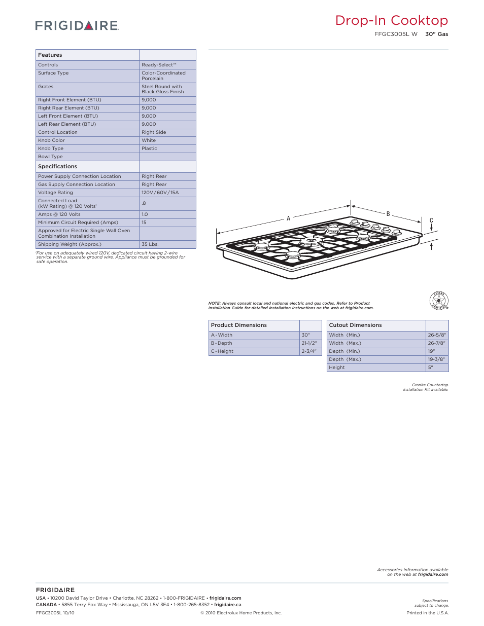 Drop-in gas cooktops frigidaire baseline, Drop-in cooktop | FRIGIDAIRE FFGC3005LW User Manual | Page 2 / 2