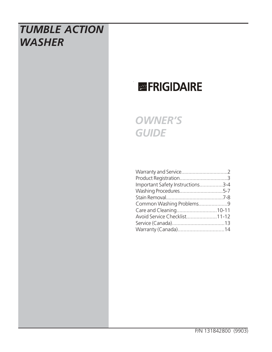 FRIGIDAIRE Gallery 131842800 User Manual | 14 pages