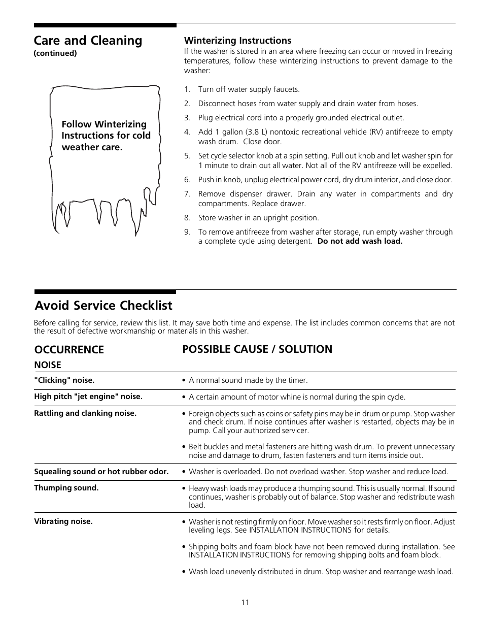 Care and cleaning, Avoid service checklist, Possible cause / solution occurrence | FRIGIDAIRE Gallery 131842800 User Manual | Page 11 / 14