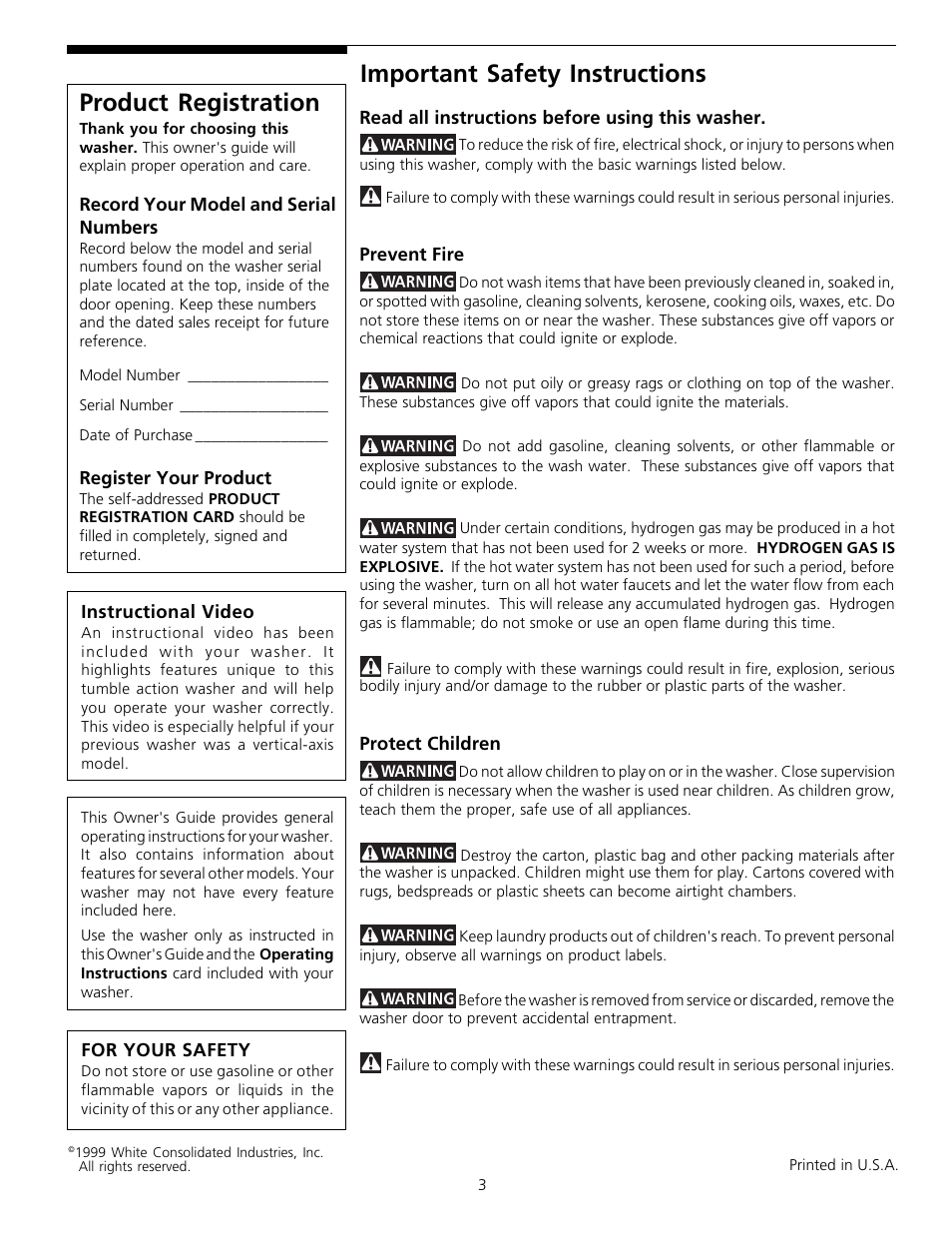 Important safety instructions, Product registration | FRIGIDAIRE Gallery 131842800 User Manual | Page 3 / 14