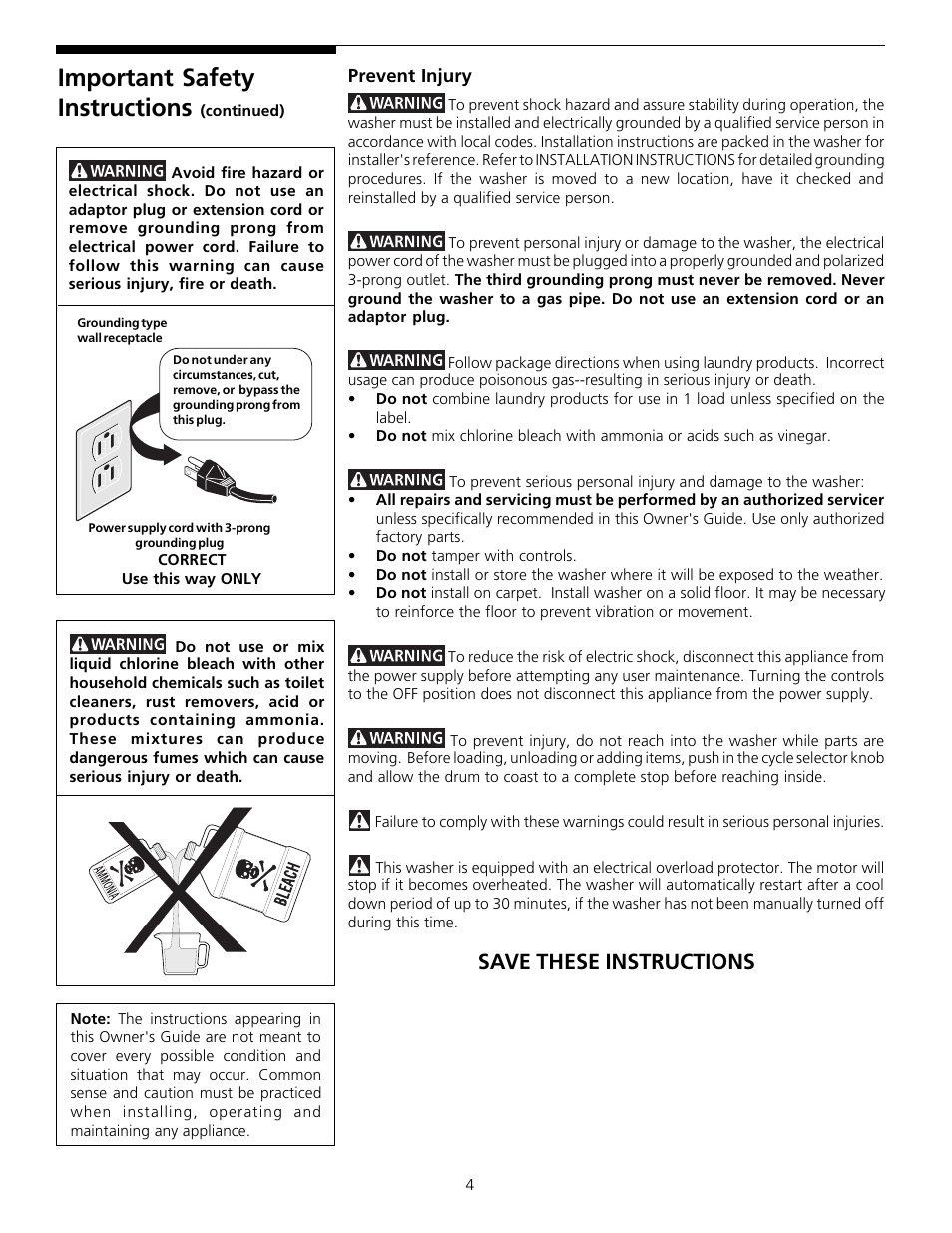 Important safety instructions, Save these instructions | FRIGIDAIRE Gallery 131842800 User Manual | Page 4 / 14