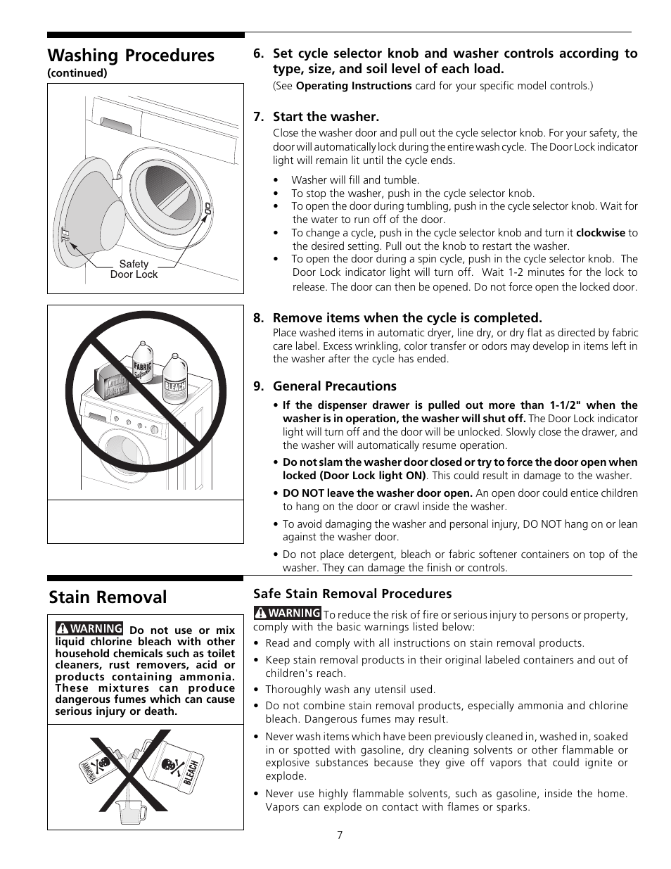 Washing procedures, Stain removal | FRIGIDAIRE Gallery 131842800 User Manual | Page 7 / 14