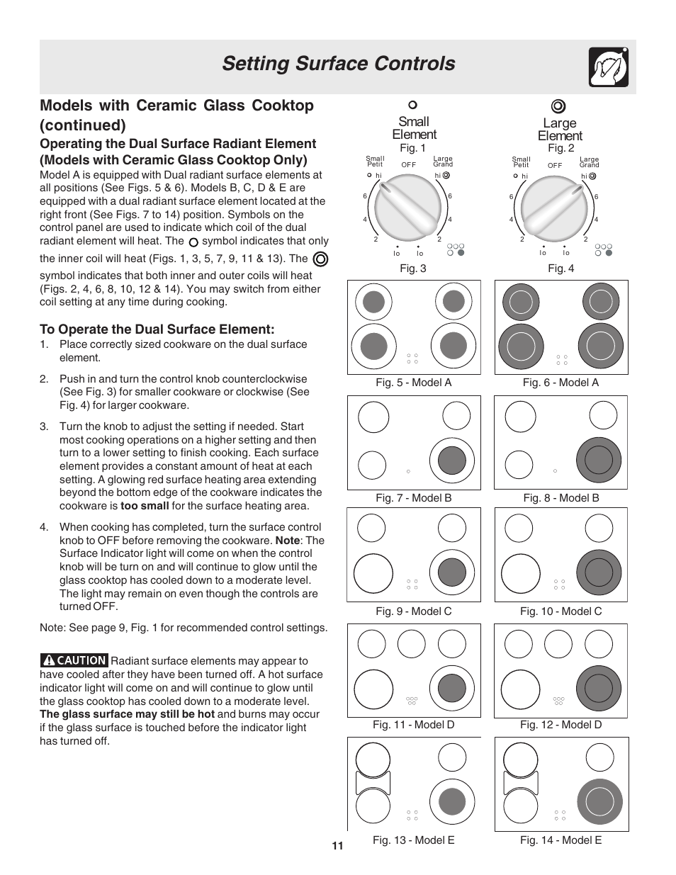 Setting surface controls, Models with ceramic glass cooktop (continued), Small element large element | FRIGIDAIRE 318203860 User Manual | Page 11 / 30