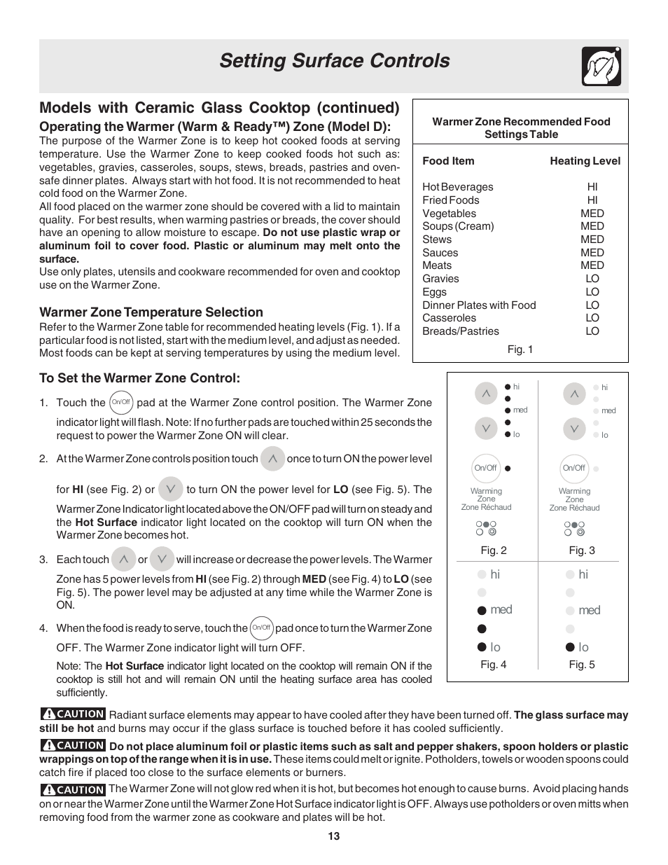 Setting surface controls, Models with ceramic glass cooktop (continued) | FRIGIDAIRE 318203860 User Manual | Page 13 / 30