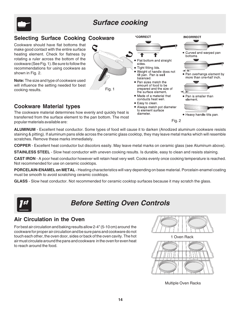 Surface cooking before setting oven controls, Selecting surface cooking cookware, Cookware material types | Air circulation in the oven | FRIGIDAIRE 318203860 User Manual | Page 14 / 30