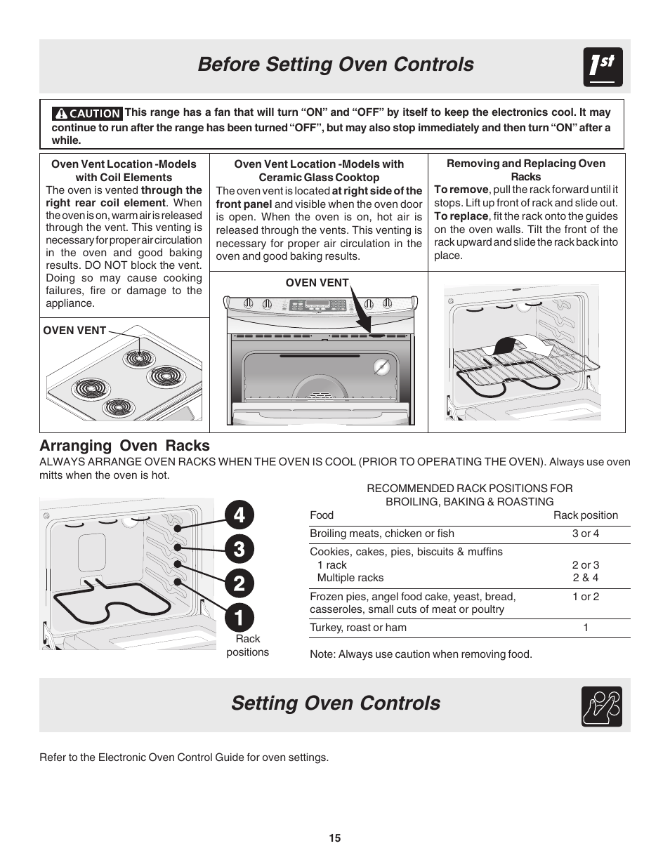 Before setting oven controls, Setting oven controls, Arranging oven racks | FRIGIDAIRE 318203860 User Manual | Page 15 / 30