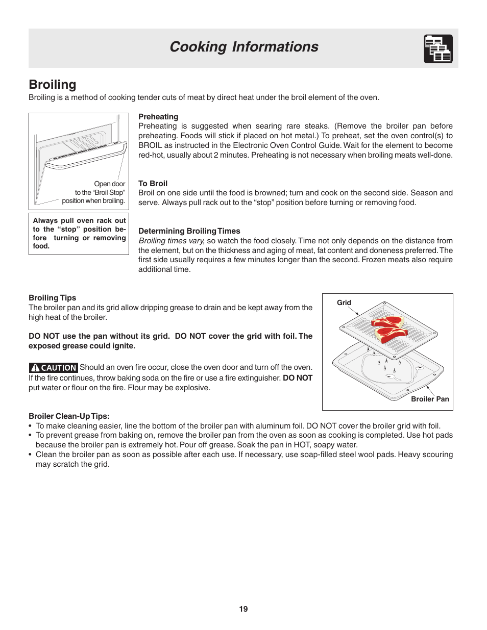 Cooking informations, Broiling | FRIGIDAIRE 318203860 User Manual | Page 19 / 30