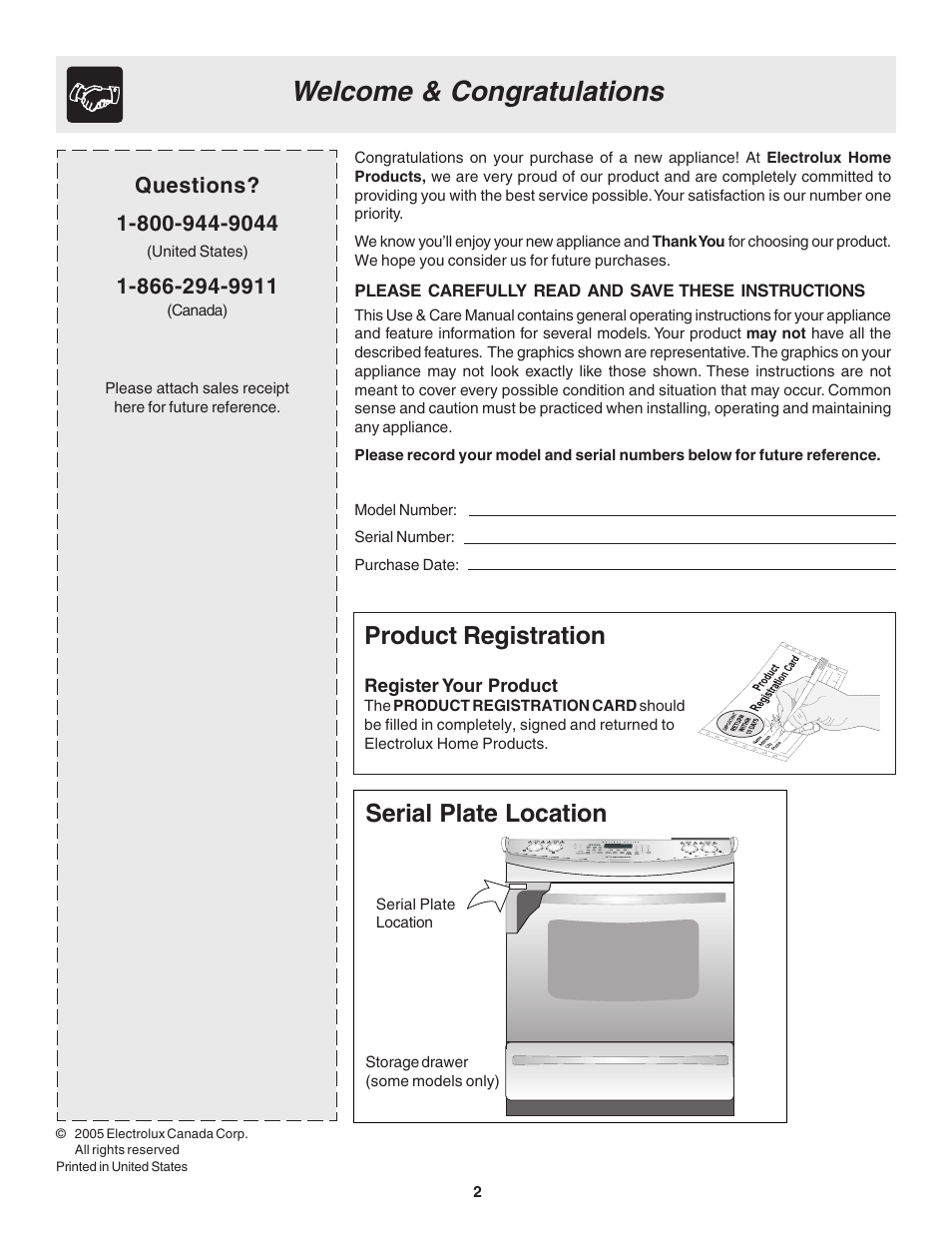 Product registration, Serial plate location | FRIGIDAIRE 318203860 User Manual | Page 2 / 30