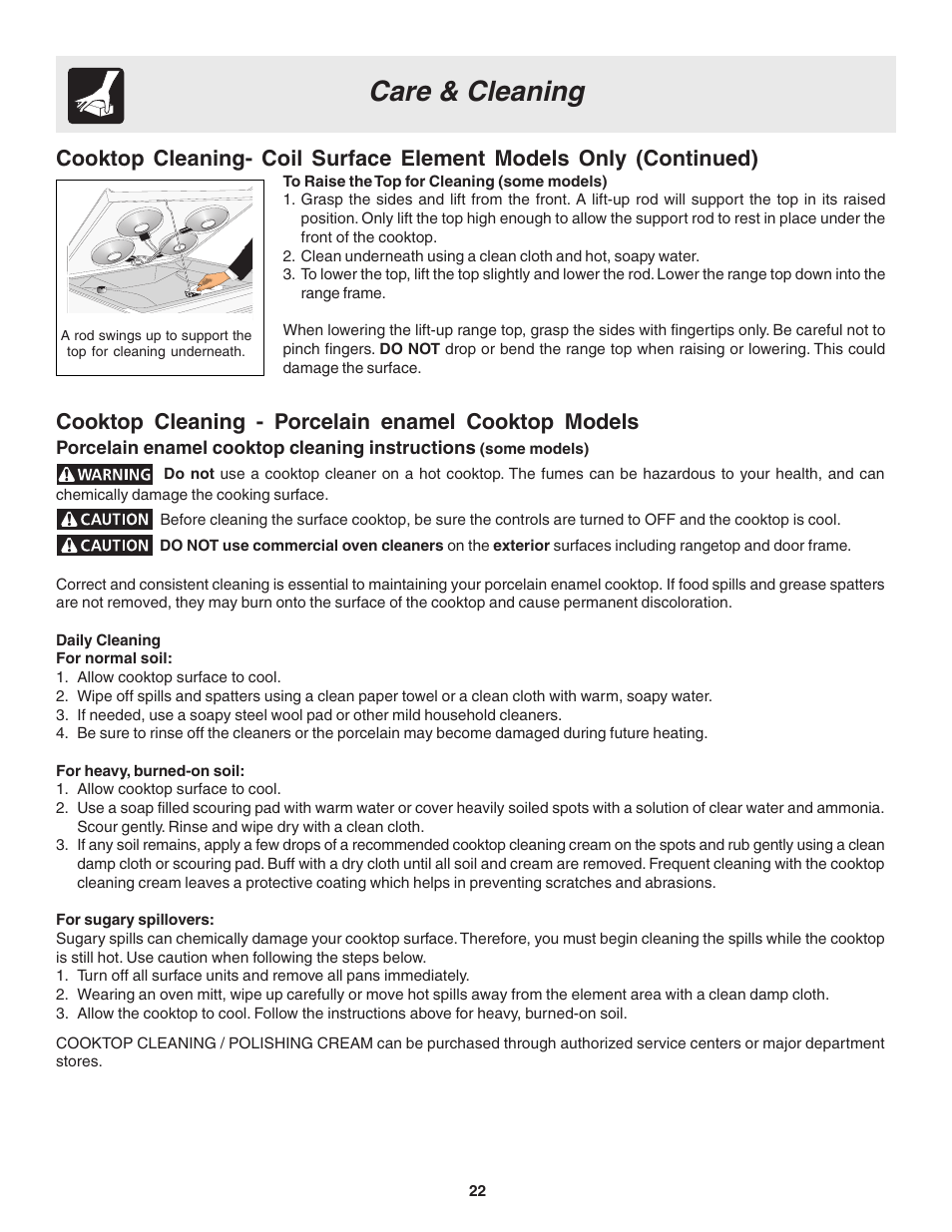 Care & cleaning, Cooktop cleaning - porcelain enamel cooktop models, Porcelain enamel cooktop cleaning instructions | FRIGIDAIRE 318203860 User Manual | Page 22 / 30