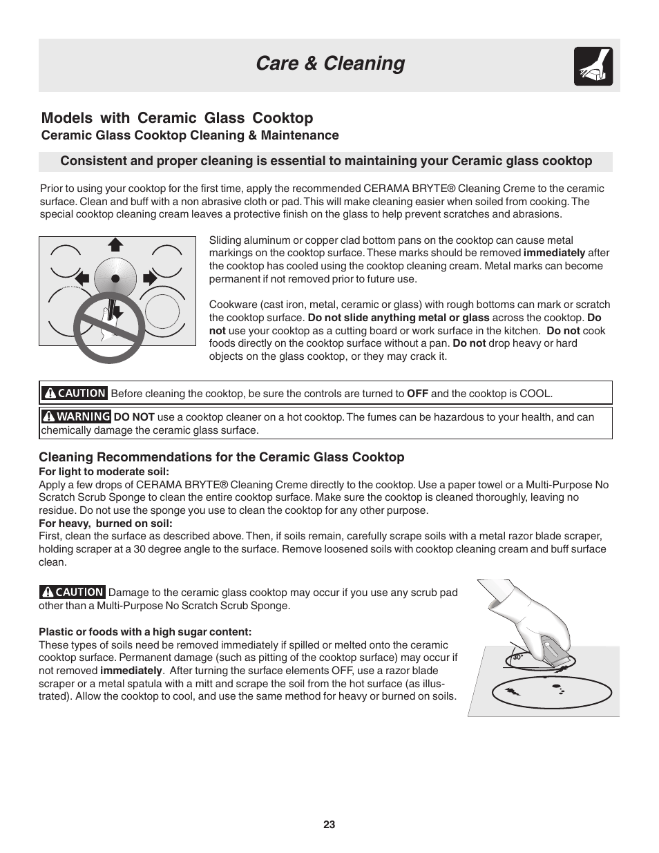 Care & cleaning, Models with ceramic glass cooktop | FRIGIDAIRE 318203860 User Manual | Page 23 / 30