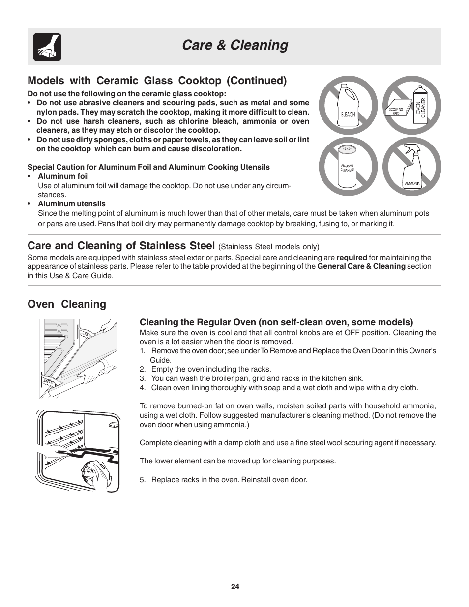 Care & cleaning, Oven cleaning, Care and cleaning of stainless steel | Models with ceramic glass cooktop (continued) | FRIGIDAIRE 318203860 User Manual | Page 24 / 30