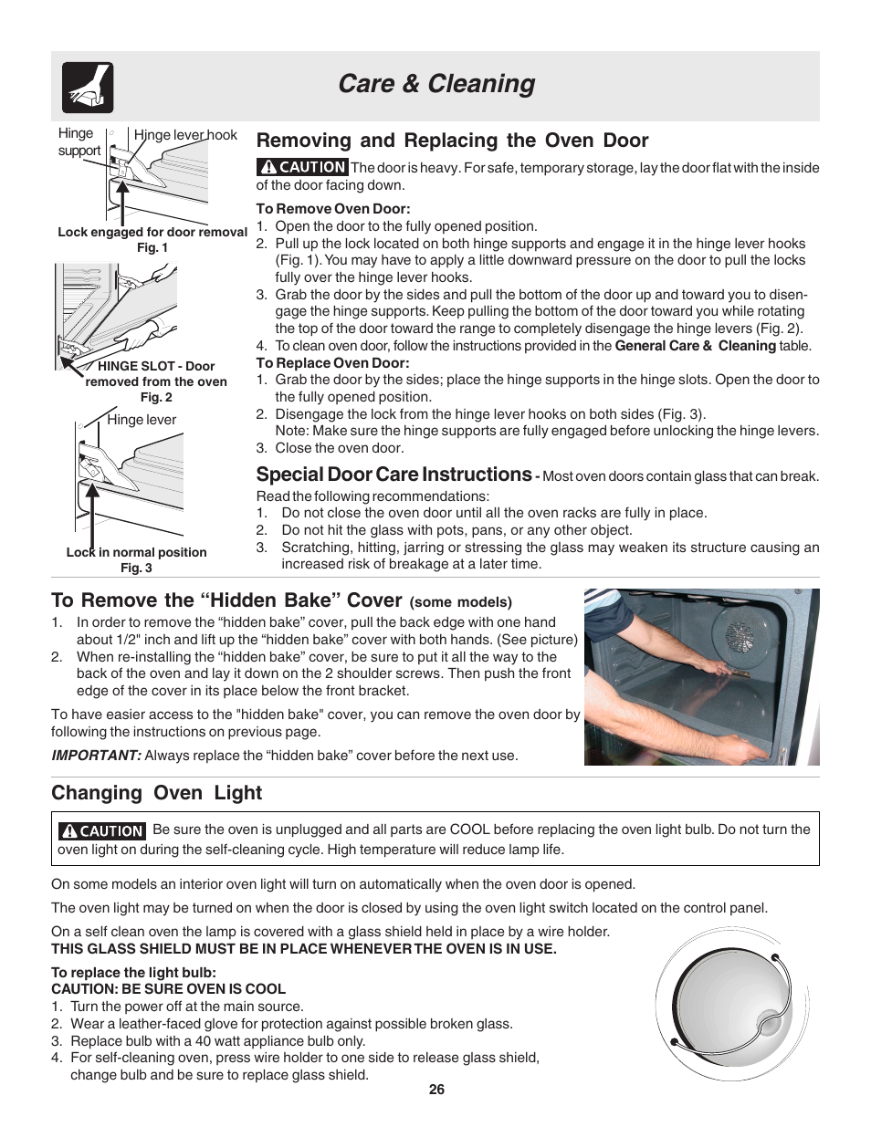 Care & cleaning, Changing oven light, Removing and replacing the oven door | Special door care instructions | FRIGIDAIRE 318203860 User Manual | Page 26 / 30