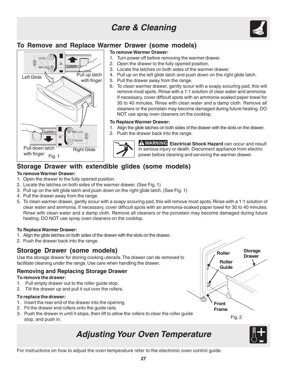 Adjusting your oven temperature, Care & cleaning, Storage drawer (some models) | FRIGIDAIRE 318203860 User Manual | Page 27 / 30