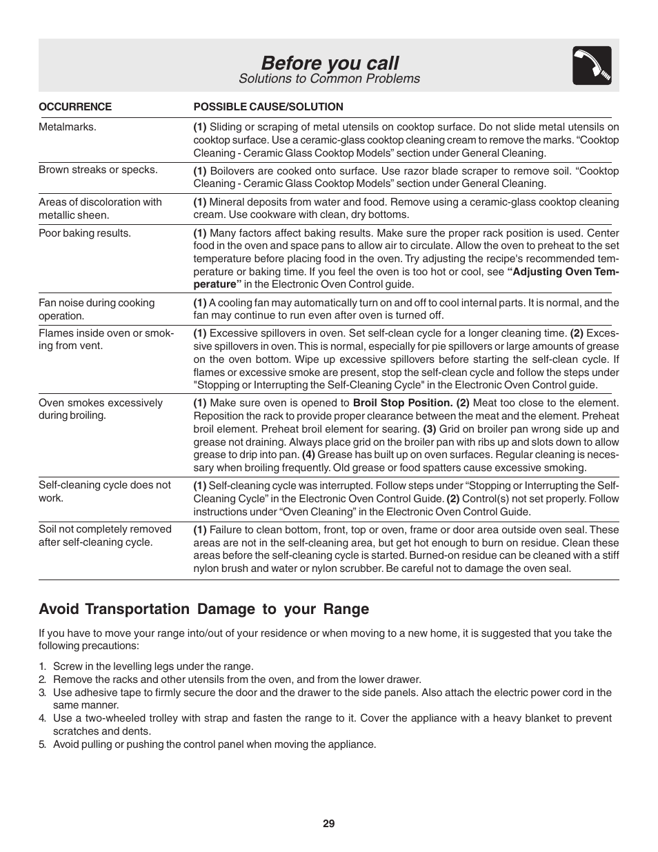Before you call, Avoid transportation damage to your range | FRIGIDAIRE 318203860 User Manual | Page 29 / 30