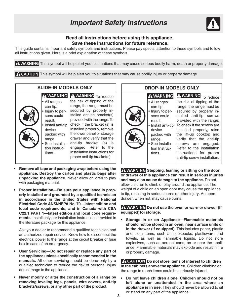 Important safety instructions | FRIGIDAIRE 318203860 User Manual | Page 3 / 30
