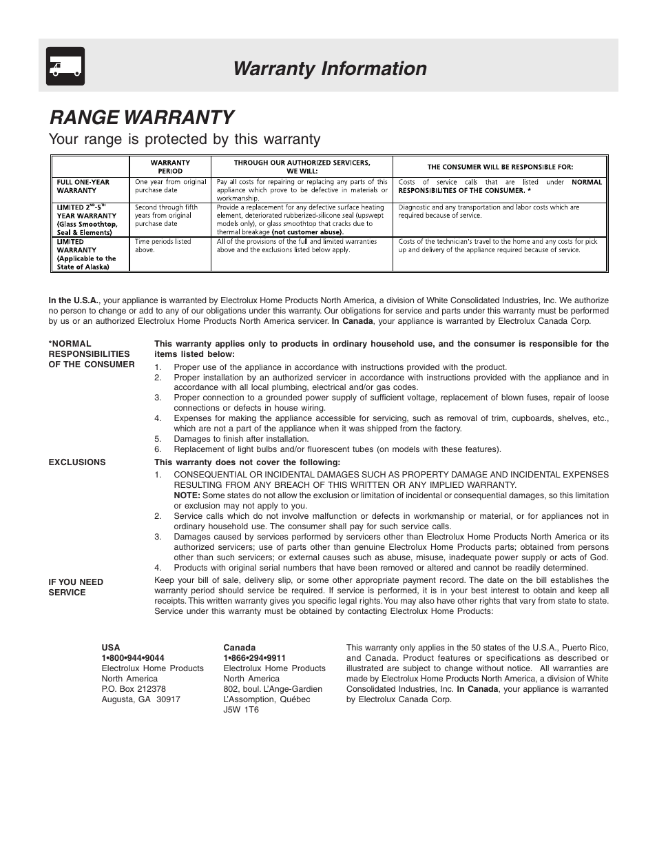 Warranty information range warranty, Your range is protected by this warranty | FRIGIDAIRE 318203860 User Manual | Page 30 / 30