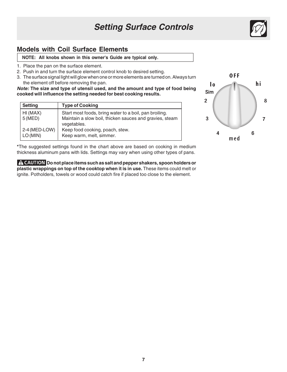 Setting surface controls, Models with coil surface elements | FRIGIDAIRE 318203860 User Manual | Page 7 / 30