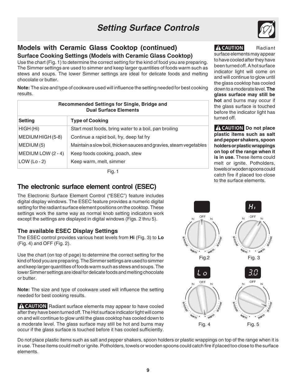 Setting surface controls, Models with ceramic glass cooktop (continued), The electronic surface element control (esec) | The available esec display settings | FRIGIDAIRE 318203860 User Manual | Page 9 / 30