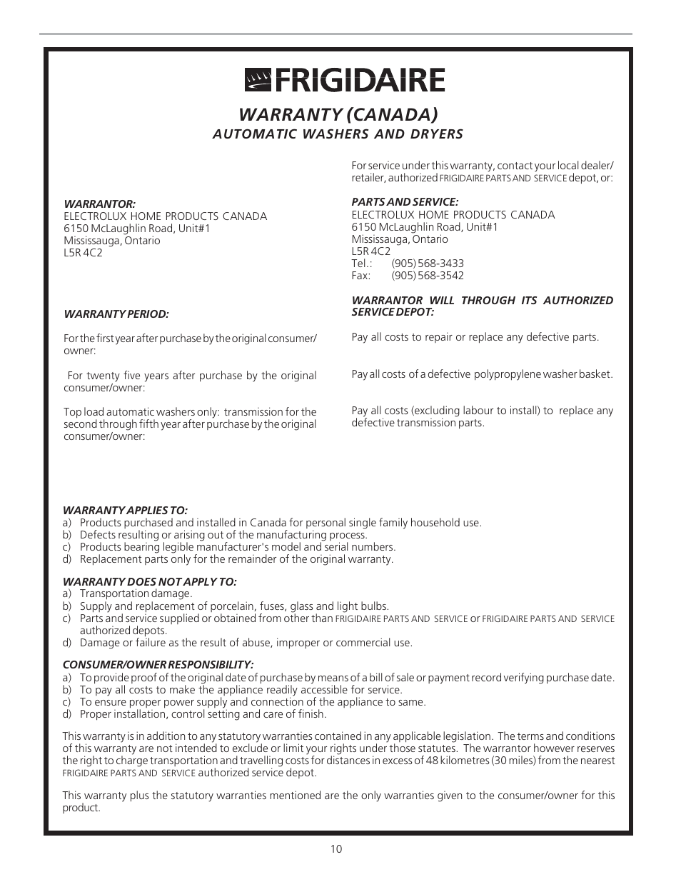 Warranty (canada) | FRIGIDAIRE 134508100A User Manual | Page 10 / 10