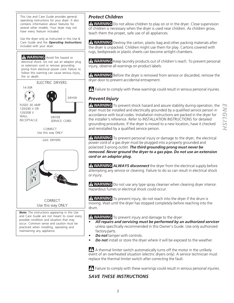 English, Protect children, Prevent injury | Save these instructions | FRIGIDAIRE 134508100A User Manual | Page 3 / 10