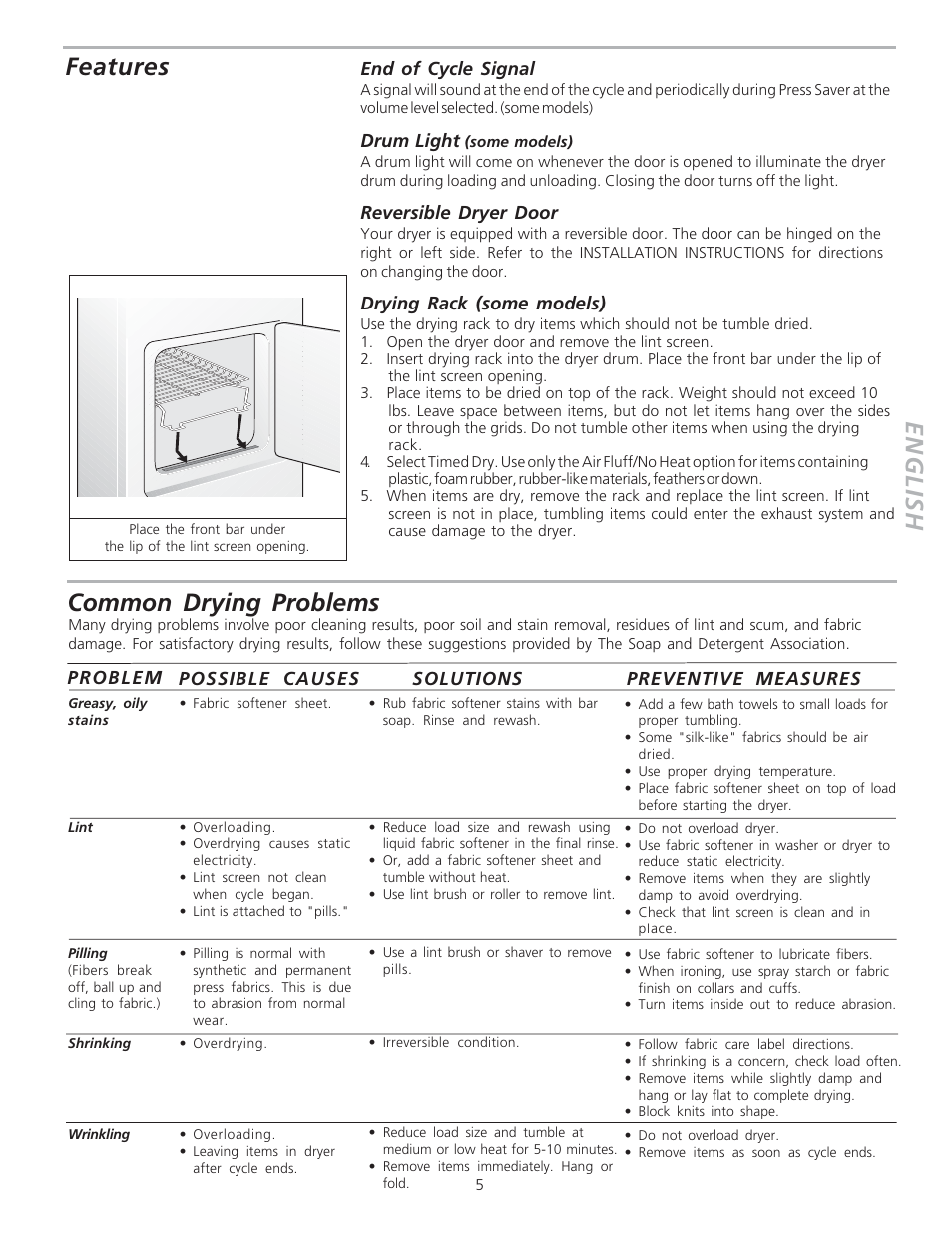 English, Features, Common drying problems | FRIGIDAIRE 134508100A User Manual | Page 5 / 10