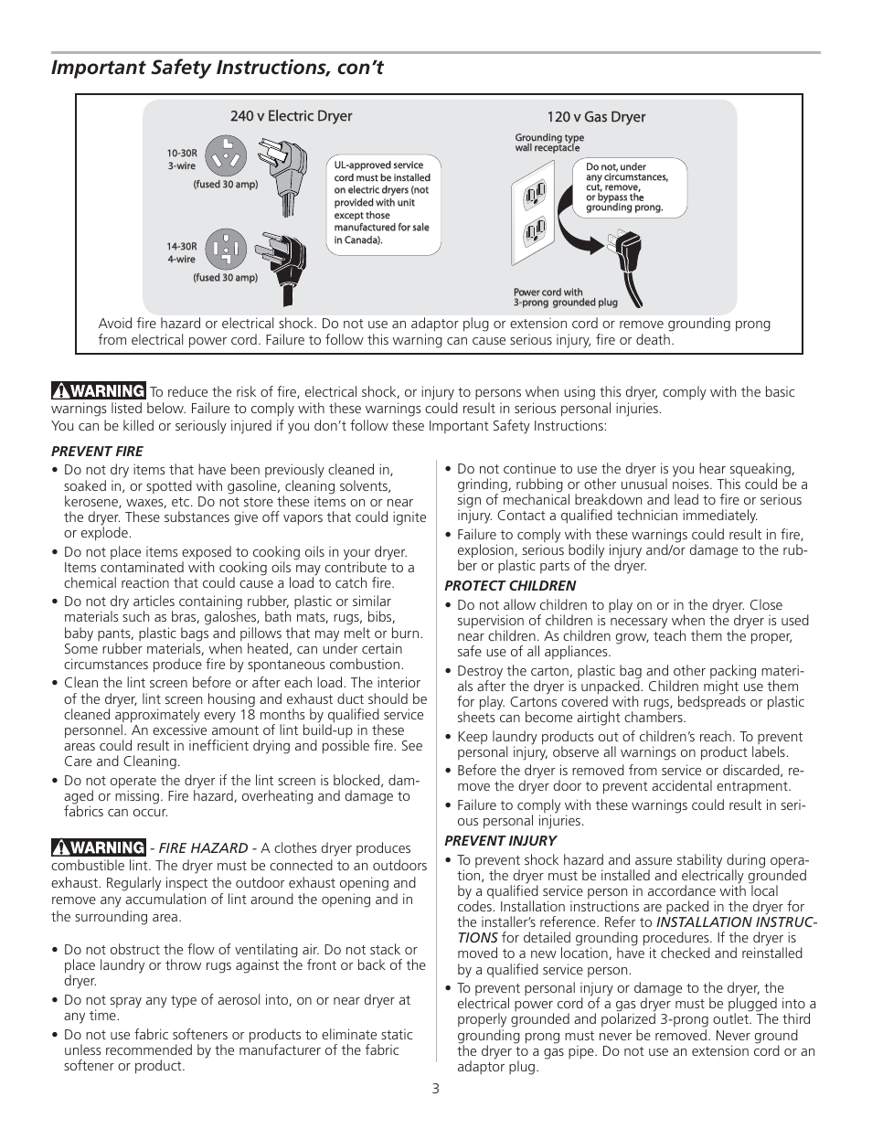 Important safety instructions, con’t | FRIGIDAIRE 137153500A User Manual | Page 3 / 10