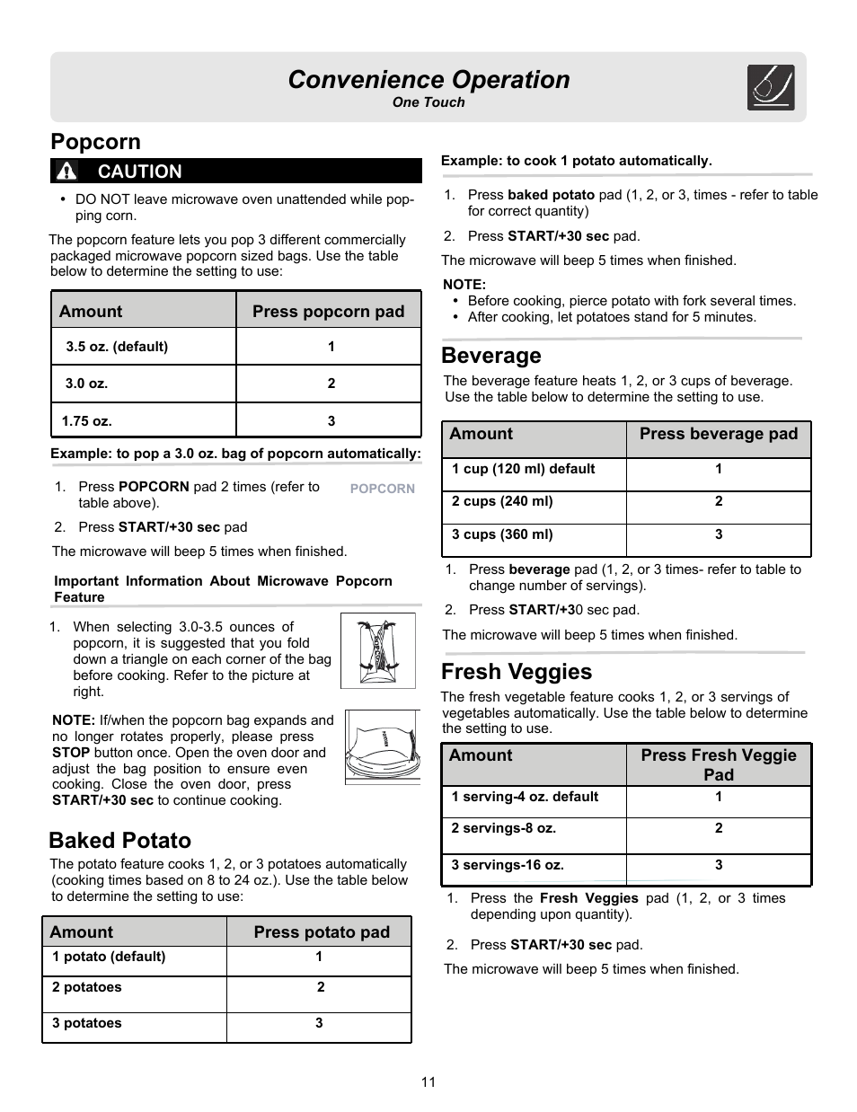 Convenience operation, Beverage fresh veggies, Popcorn baked potato | Caution | FRIGIDAIRE 316495097 User Manual | Page 11 / 21