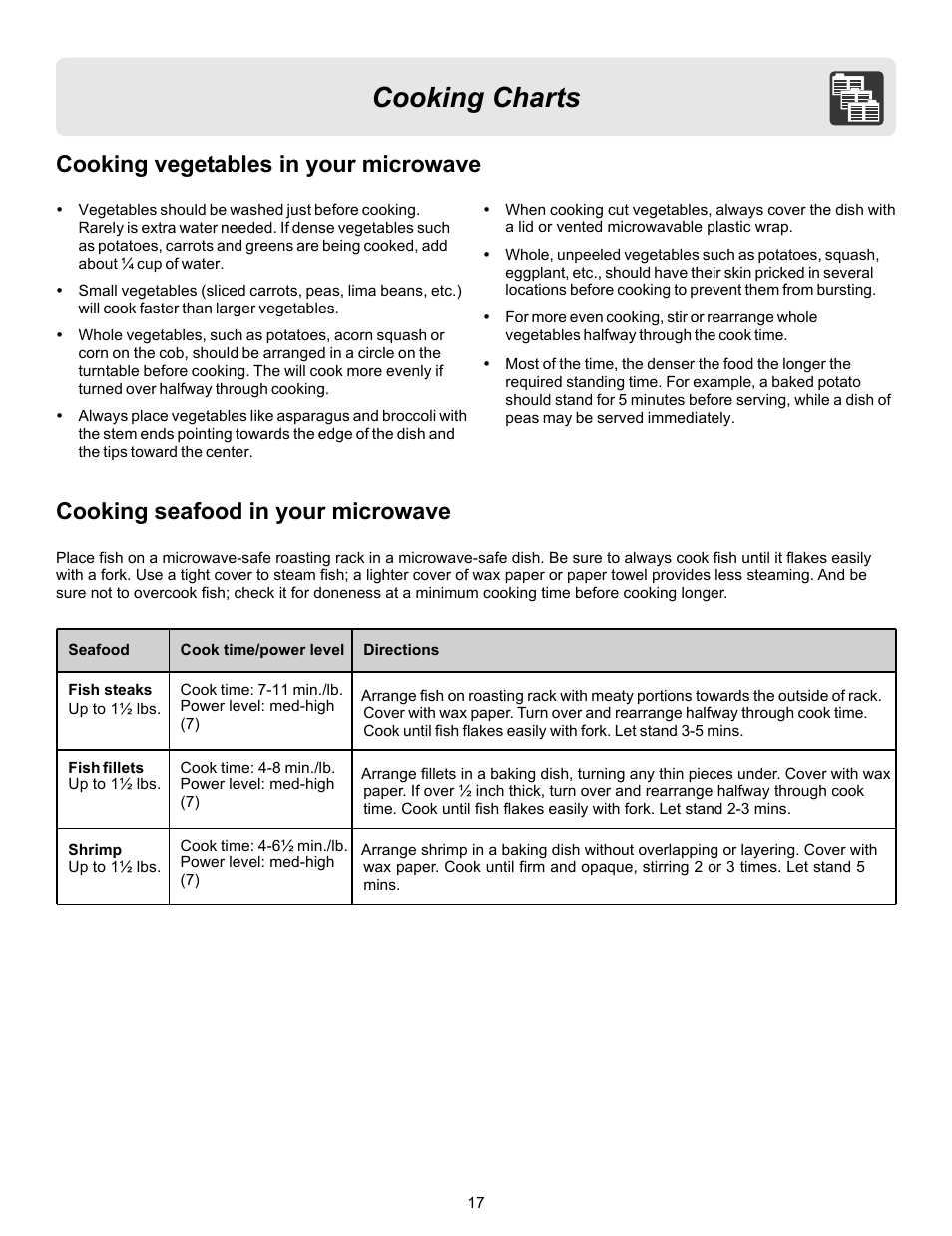 Cooking charts, Cooking vegetables in your microwave, Cooking seafood in your microwave | FRIGIDAIRE 316495097 User Manual | Page 17 / 21