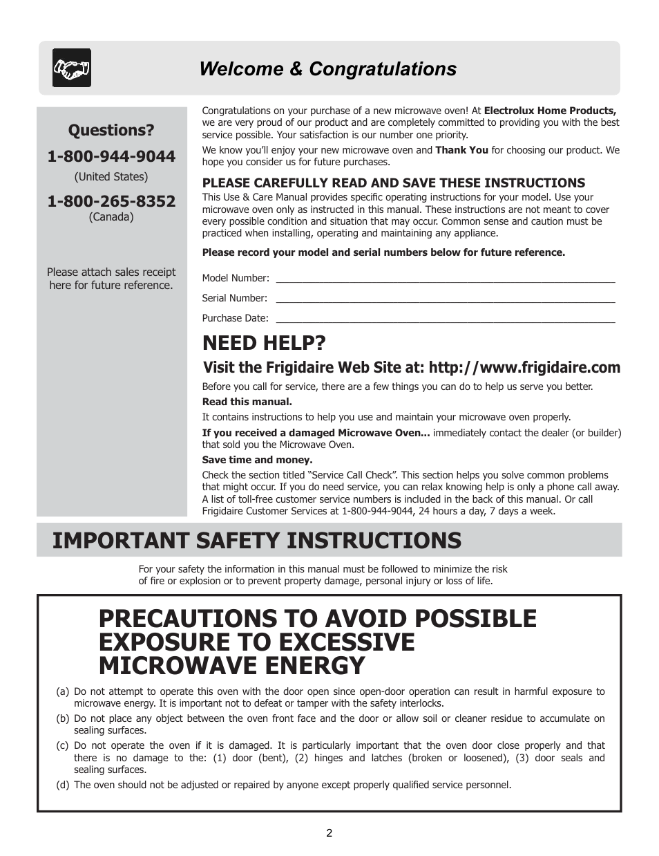 Important safety instructions, Need help | FRIGIDAIRE 316495097 User Manual | Page 2 / 21