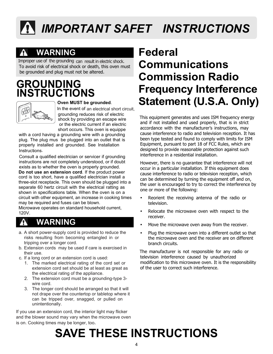 Save these instructions, Important safet yinstructions y, Grounding instructions | Warning | FRIGIDAIRE 316495097 User Manual | Page 4 / 21