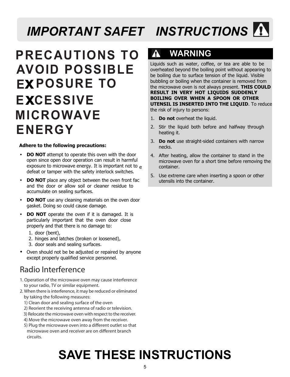 Save these instructions, Important safet yinstructions y, Warning | Radio interference | FRIGIDAIRE 316495097 User Manual | Page 5 / 21