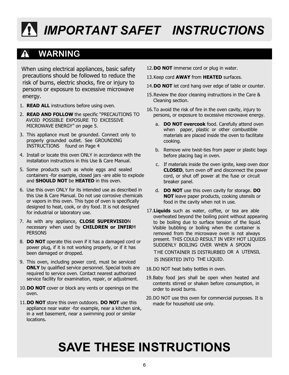 Save these instructions, Important safet yinstructions y, Warning | FRIGIDAIRE 316495097 User Manual | Page 6 / 21