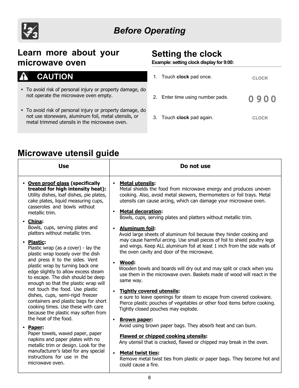 Before operating microwave utensil guide, Setting the clock, Learn more about your microwave oven | Caution | FRIGIDAIRE 316495097 User Manual | Page 8 / 21