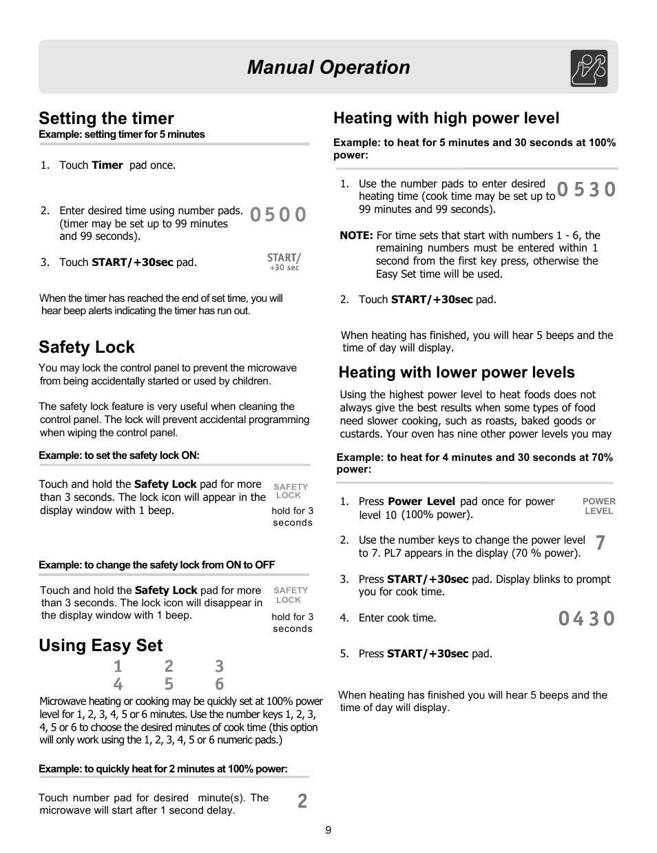 Manual operation, Safety lock using easy set, Setting the timer | Heating with high power level, Heating with lower power levels | FRIGIDAIRE 316495097 User Manual | Page 9 / 21