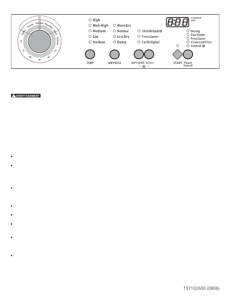 Consignes d’utilisation de secheuse, Sélection des cycles, Avant d’utiliser votre sécheuse | FRIGIDAIRE 137102600 User Manual | Page 3 / 8