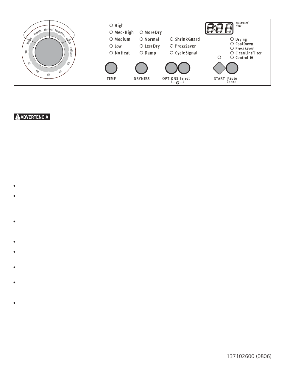 Instrucciones de funcionamiento del secador, Antes de usar su secadora, Selección de ciclos | FRIGIDAIRE 137102600 User Manual | Page 6 / 8