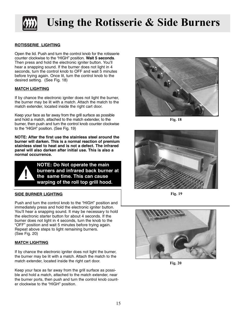 Using the rotisserie & side burners | FRIGIDAIRE Outdoor Kitchen Grill User Manual | Page 15 / 19