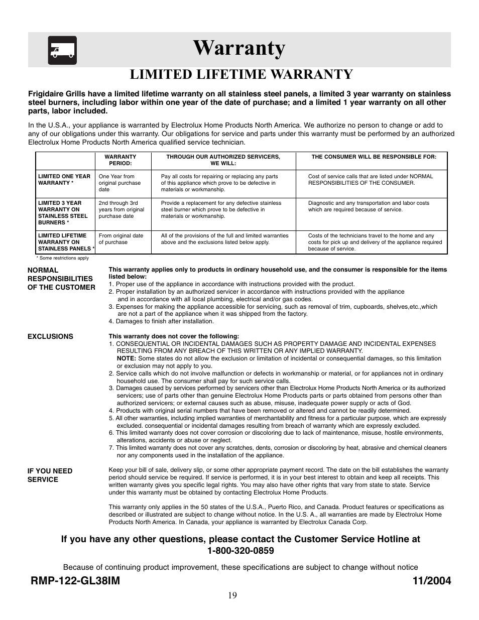 Warranty, Limited lifetime warranty | FRIGIDAIRE Outdoor Kitchen Grill User Manual | Page 19 / 19